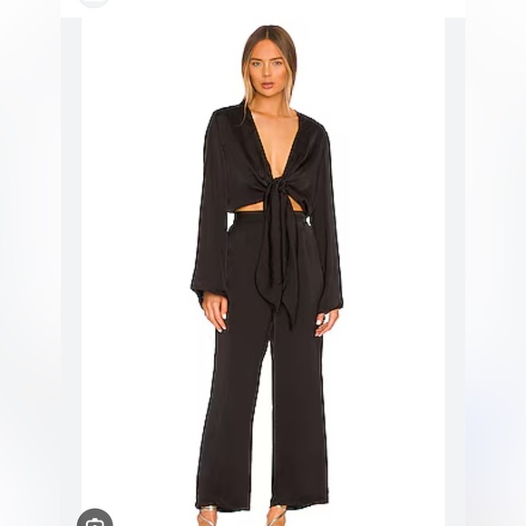 SNDYS Pants - SNDYS x Revolve Pluto Tie Front Cut Out Jumpsuit in Black Sateen Size 6